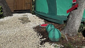 Een koepelvormige tent met een raam, een houten poort en een 'PARKING' bord op een boom.