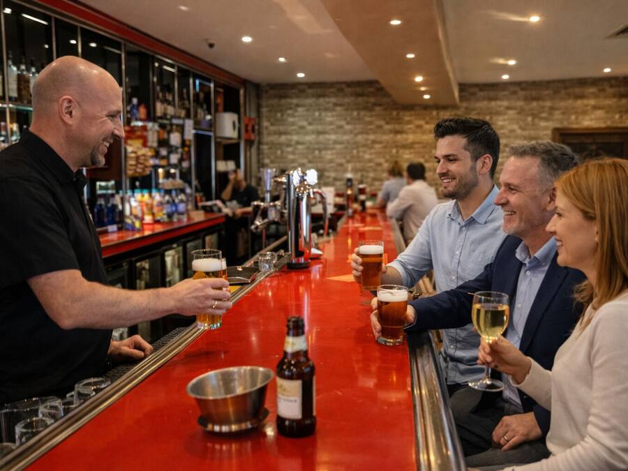 En bar med en bartender, der serverer drikkevarer, en metalspand og en flaske på disken.
