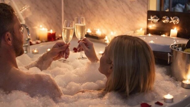 Ein Paar in einer mit Schaum gefüllten Badewanne, die Champagnergläser hält, umgeben von Kerzen.