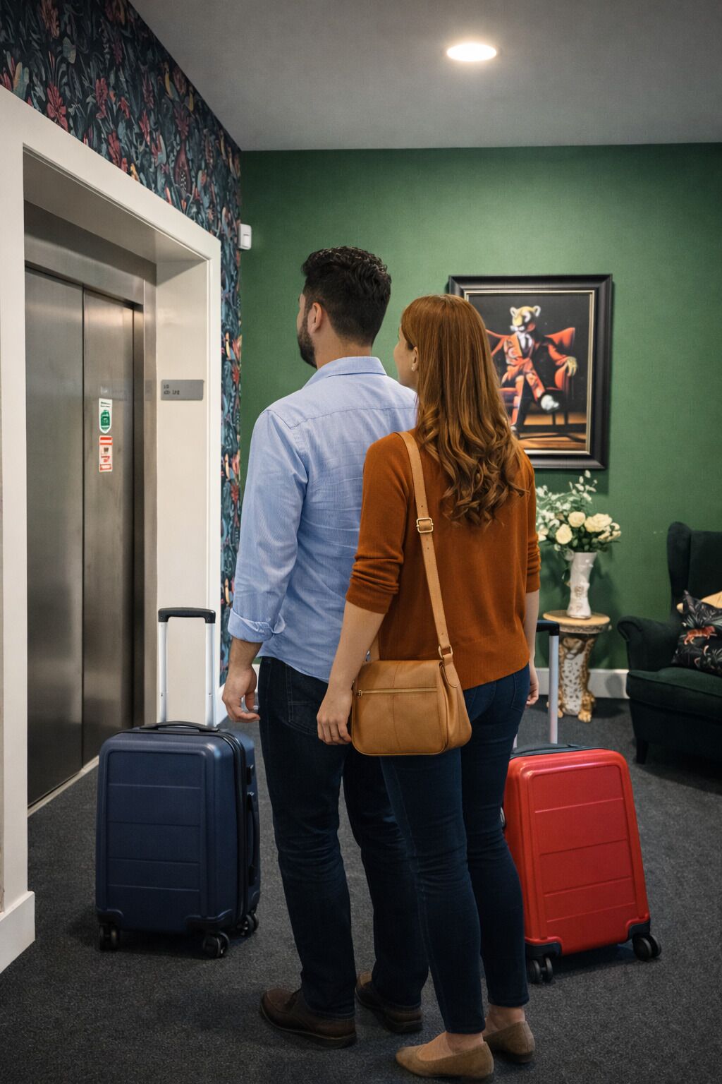 A couple with luggage at an elevator in a hotel lobby with green walls and a framed painting.