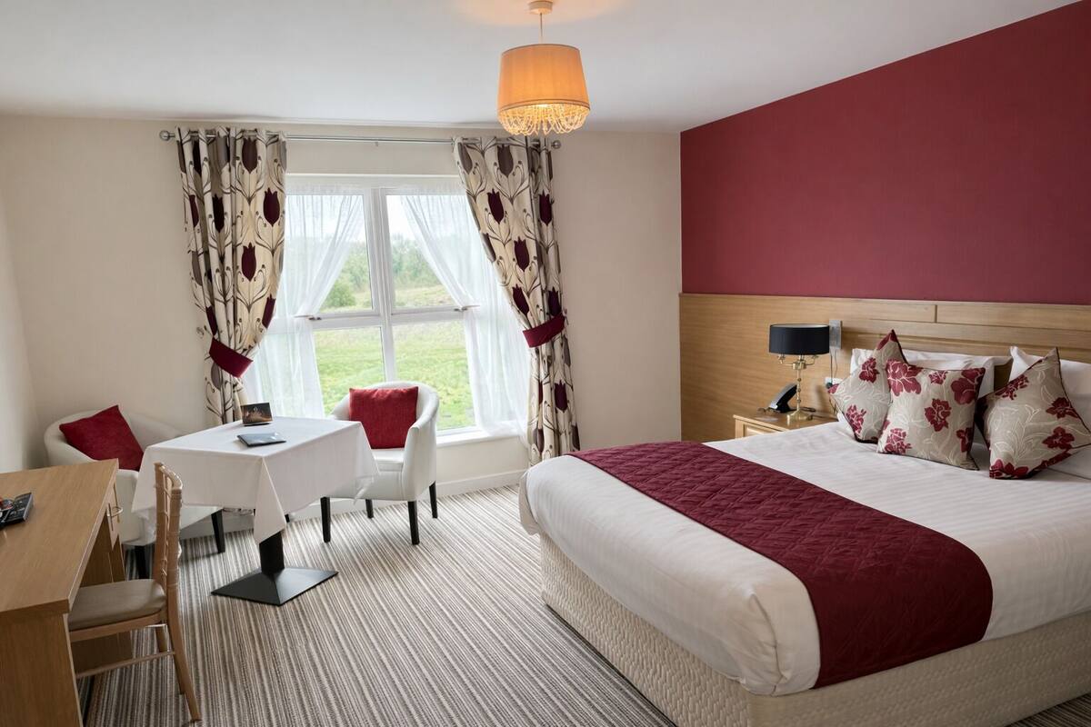 A hotel room with a bed, a desk, a chair, a lamp, and a view of the outdoors.