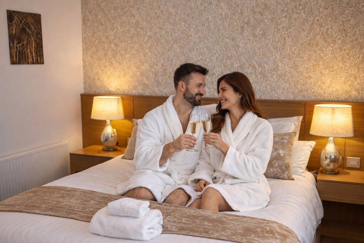 A hotel room with a bed, two bedside lamps, and a textured wall.