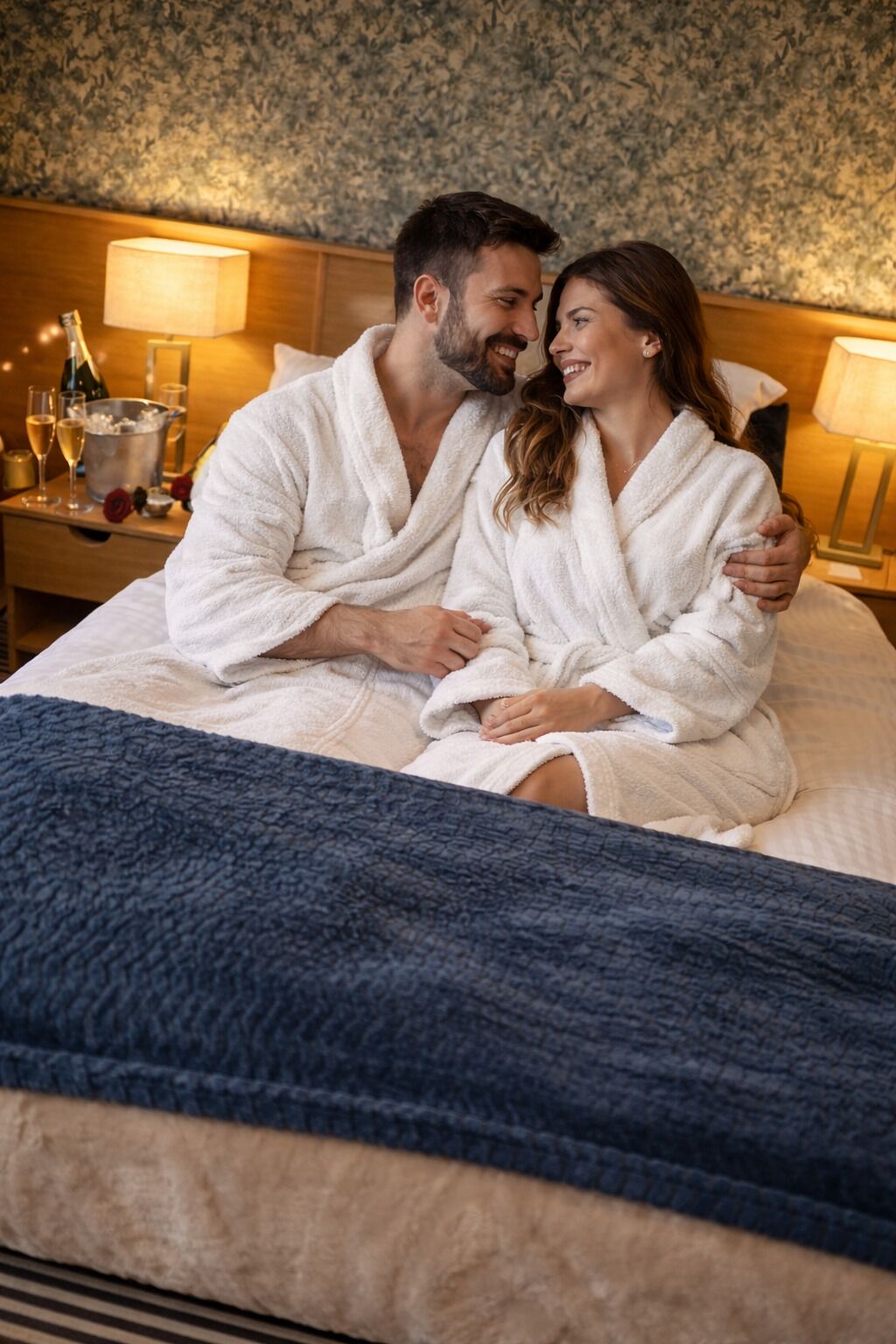 A couple in white bathrobes sitting on a bed with a blue blanket, a bottle of champagne, and glasses on a nightstand.