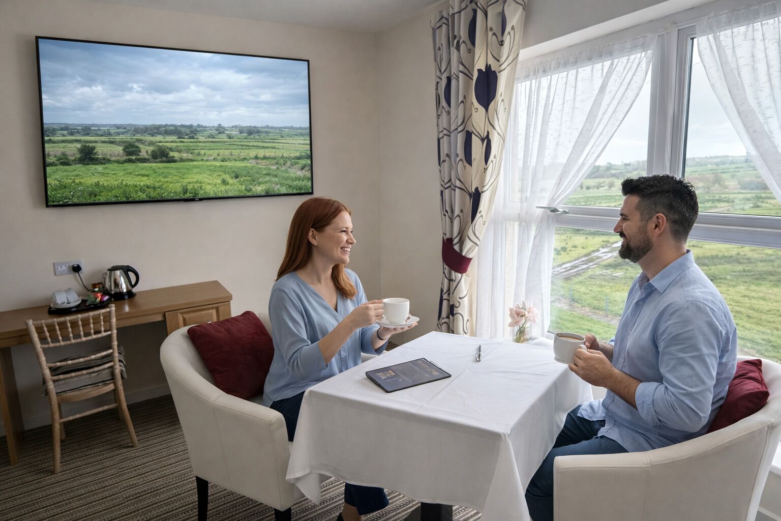 Una habitación con una mesa de comedor, sillas, cafetera, laptop y un ventanal con vistas a un paisaje verde.