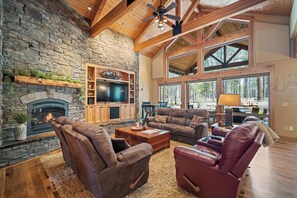 Télévision, cheminée, lecteur de DVD, table de tennis de table