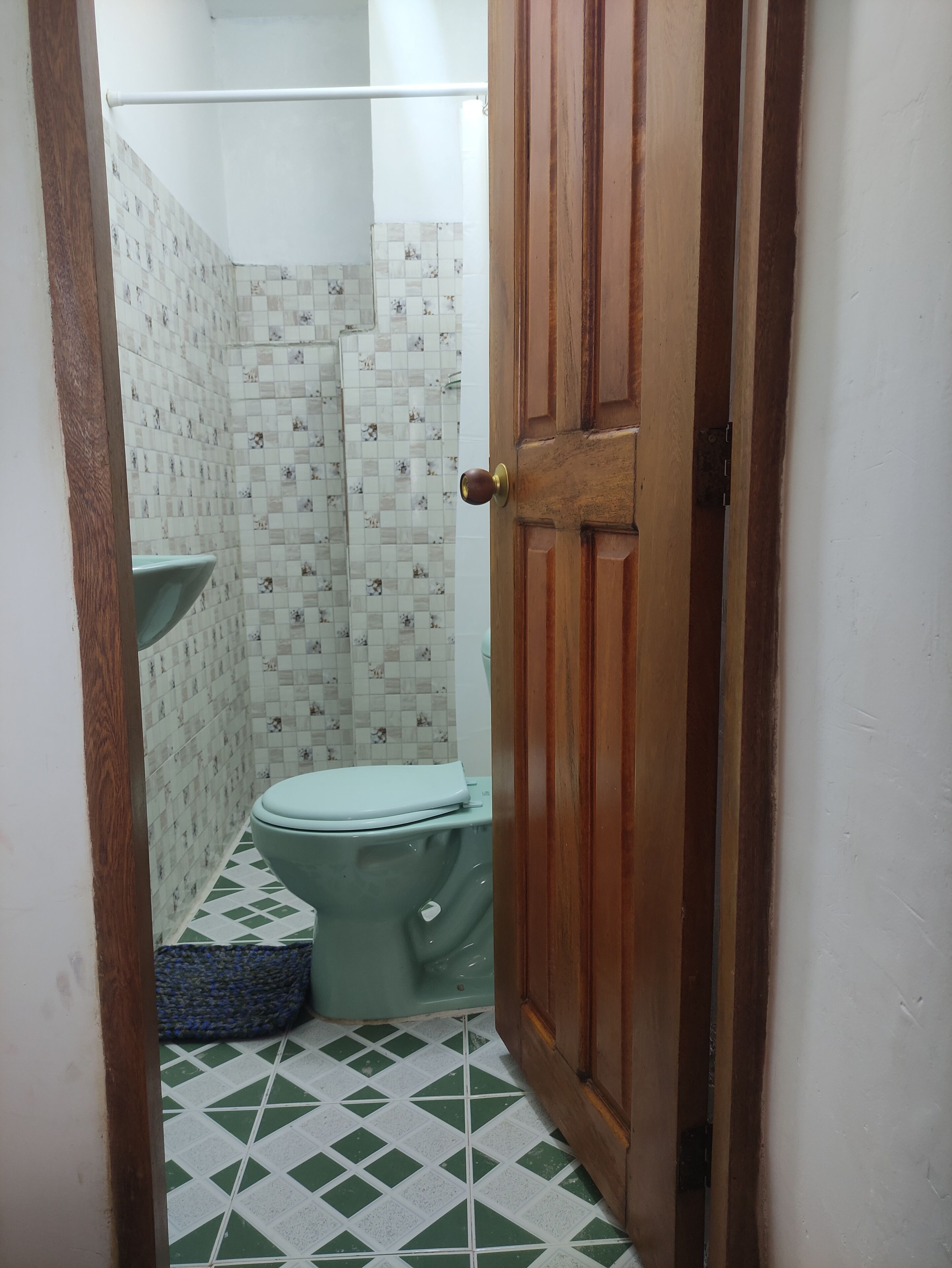 A small bathroom with a toilet, a sink, and a shower area.