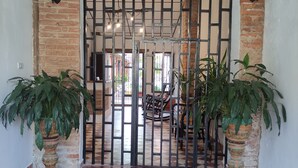 Un muro de ladrillo con una reja de metal, plantas en macetas y un piso de baldosas.