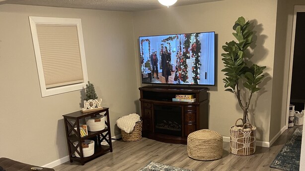 Uma sala de estar com televisão, lareira e um tapete grande.