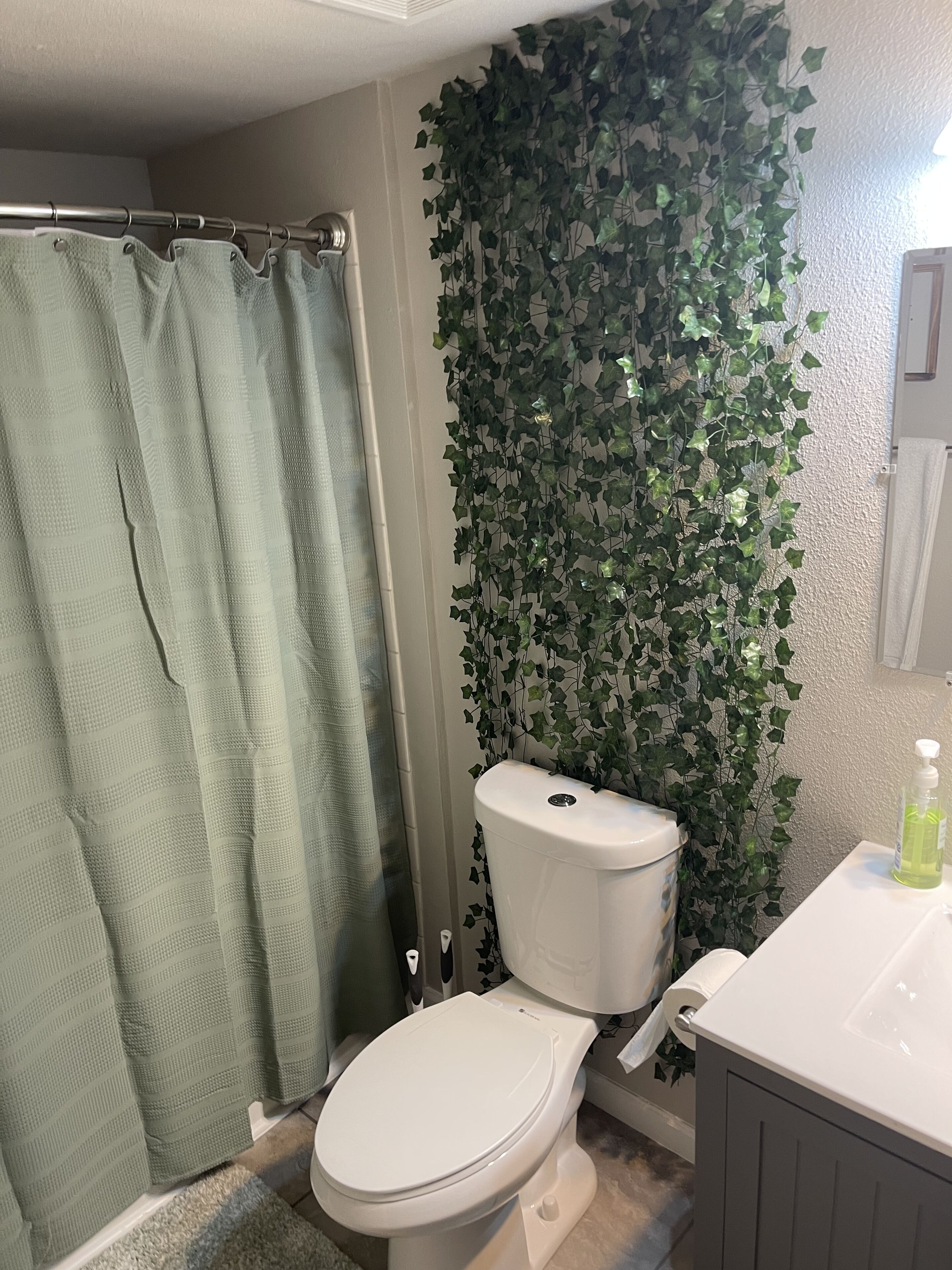 A bathroom with a shower curtain, a toilet, and a sink with a soap dispenser.