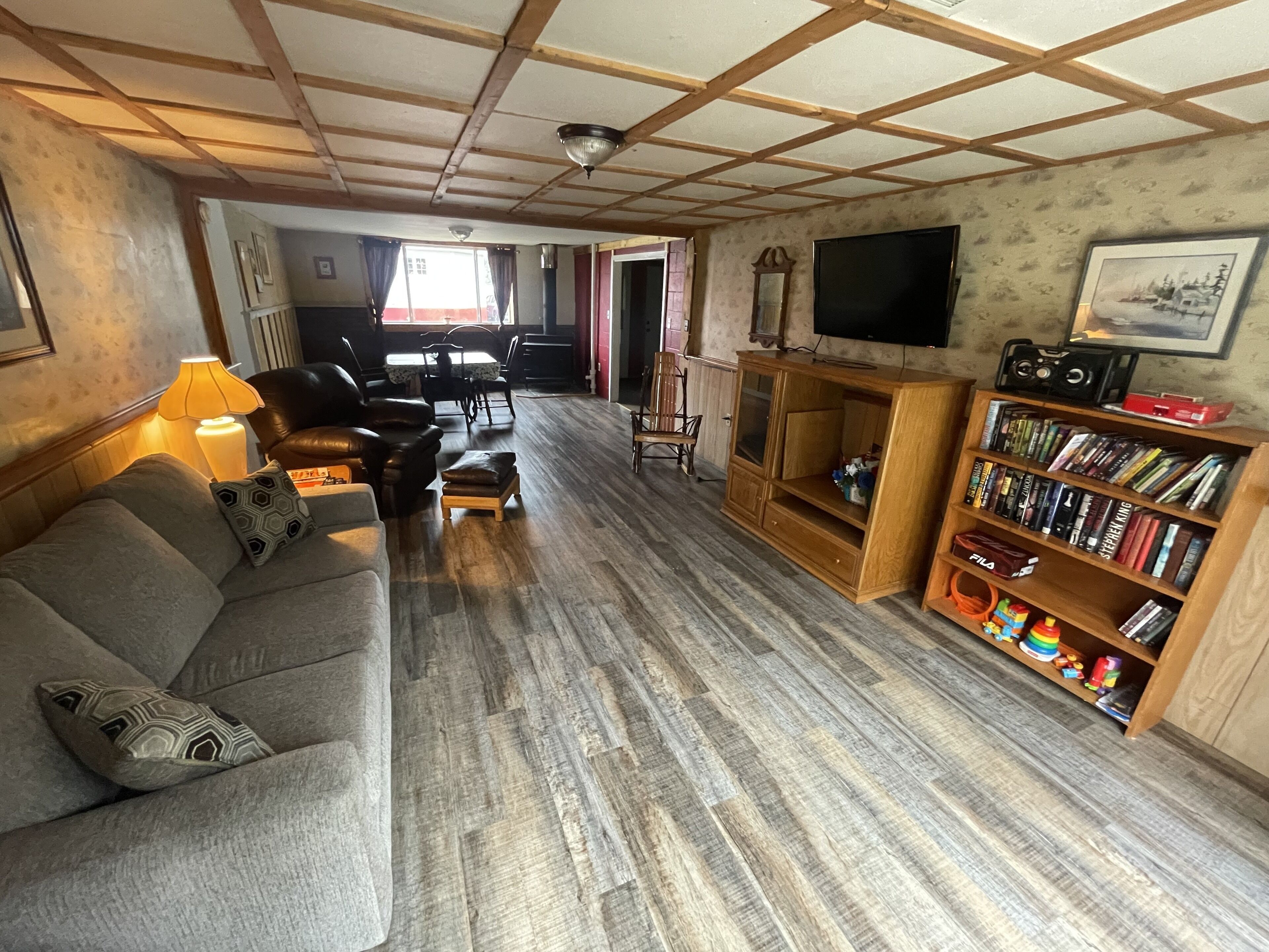 Smart TV, fireplace, DVD player, books