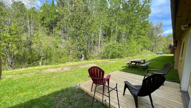 Une terrasse avec deux chaises Adirondack et une table de pique-nique, donnant sur une pelouse et une forêt dense.