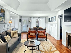 Smart TV, fireplace, books