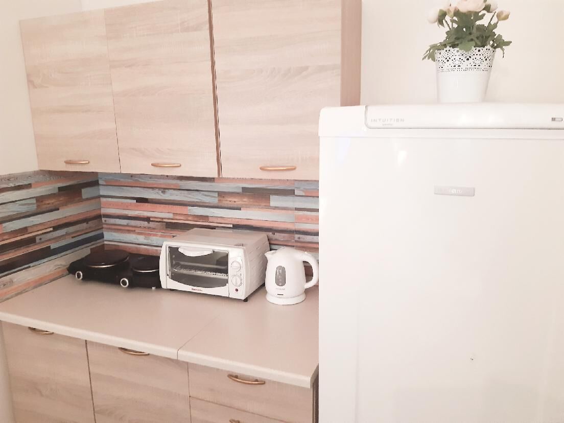 Eine Küche mit Mikrowelle, Toaster und Wasserkocher auf der Arbeitsfläche, Holzschränke und eine Pflanze auf der Theke.