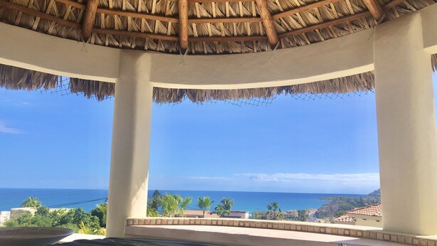 A room with a thatched roof, a view of the ocean, and a bed with a black cover.