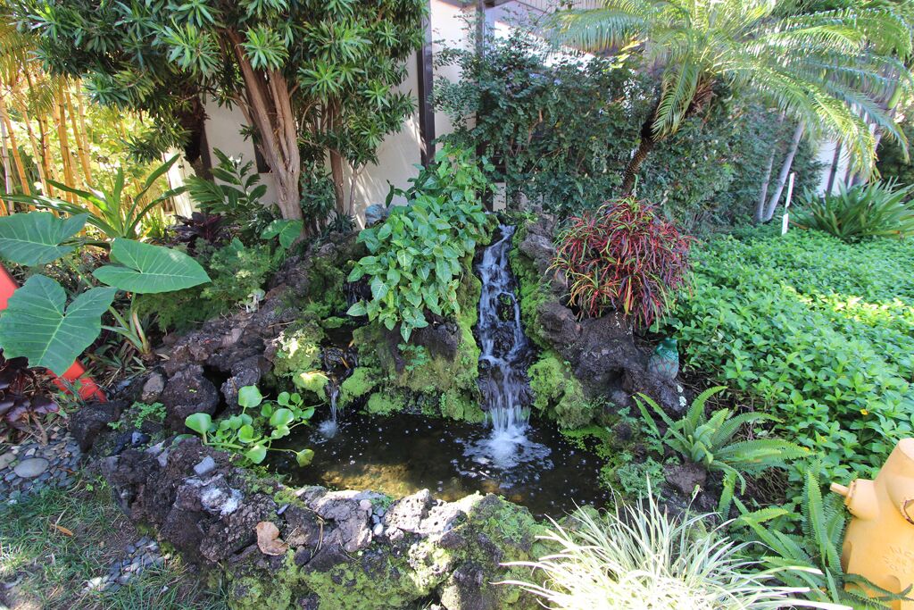 Een kleine waterval in een tuin met diverse planten en een gele brandkraan.