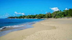 A beach with clear blue water, sandy shore, and dense green foliage in the background. - Beachfront residence in central Sosua, 2BD/2BTH with sea views. Chica-friendly! (Sosúa)