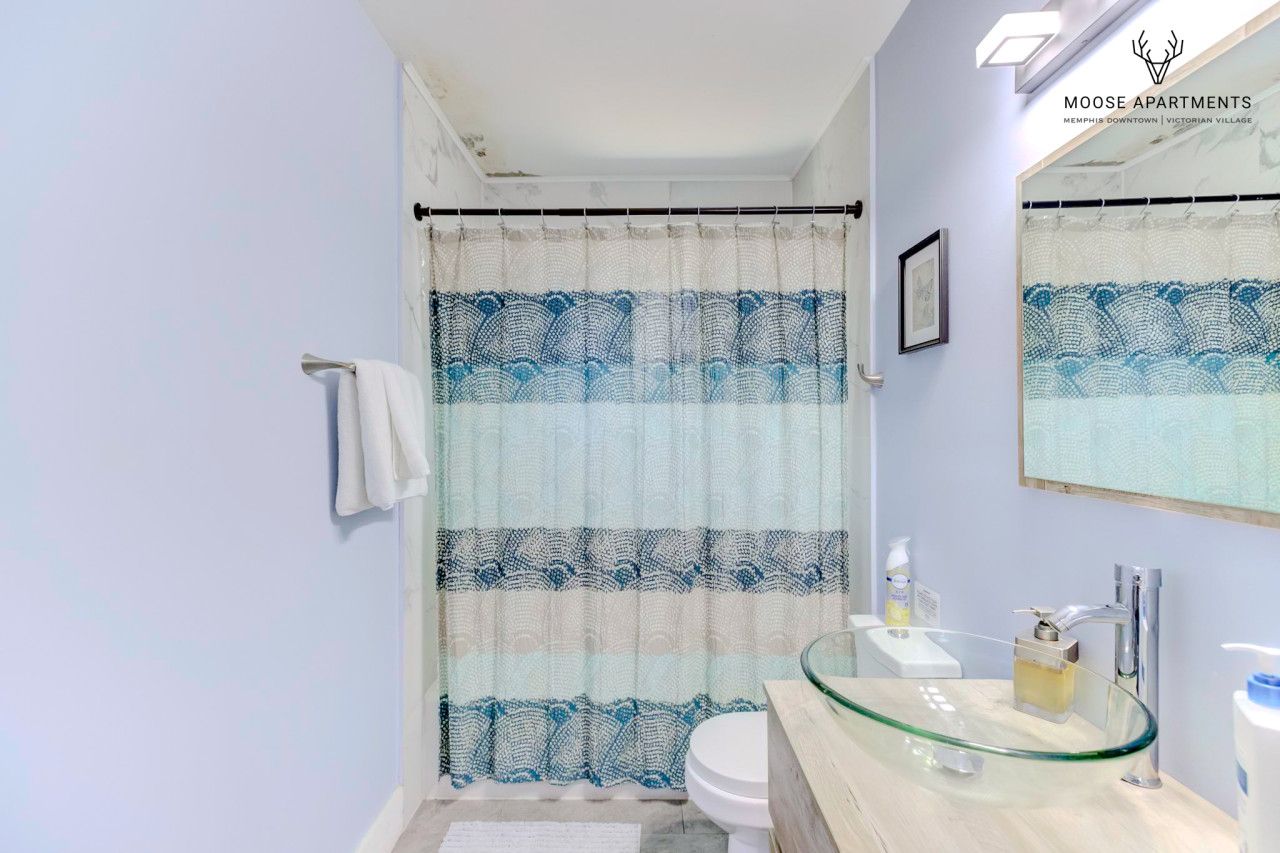 A bathroom with a glass sink, a toilet, and a shower curtain with a blue pattern.