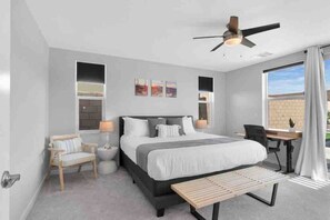 4 bedrooms, desk, iron/ironing board, travel cot