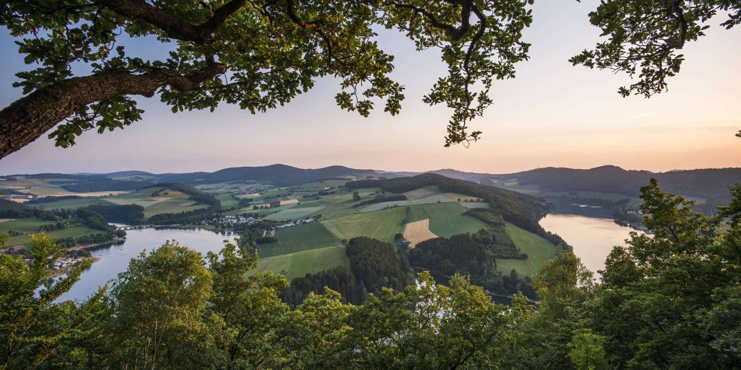 A panoramic view of a valley with a river, surrounded by hills and dense forests.