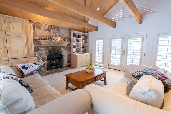 Smart TV, chimenea, libros y biblioteca musical 