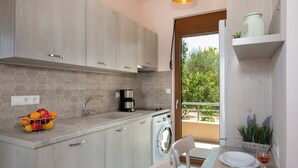 A modern kitchen with a built-in washing machine, a coffee maker, and a fruit bowl on the counter. - Villa Artemis, a modern, comfortable home surrounded by Cretan nature (Rethimno)