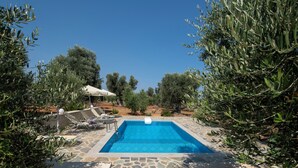 A rectangular swimming pool with a stone border, surrounded by olive trees and a clear blue sky. - Villa Artemis, a modern, comfortable home surrounded by Cretan nature (Rethimno)