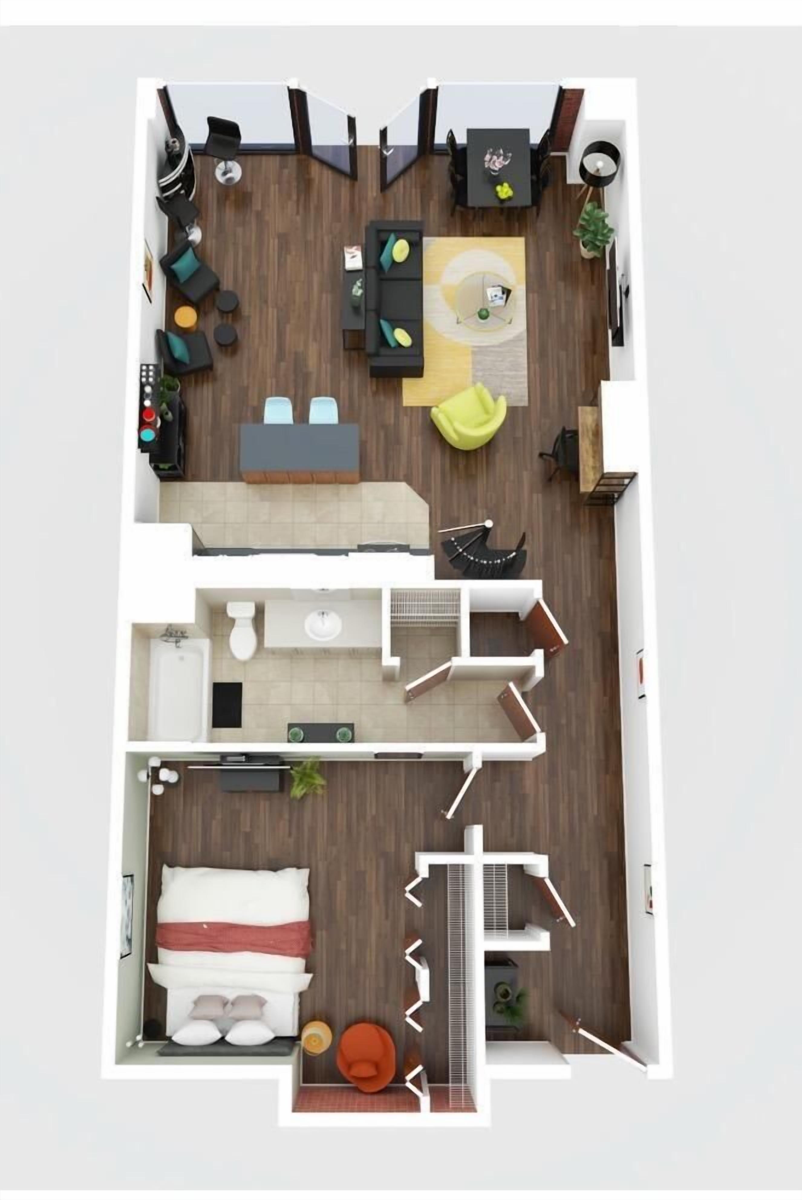3D image of the main floor of the condo.  Master bedroom and bathroom with a shower/tub combo are on the main floor as well as kitchen, living room, and dining area.