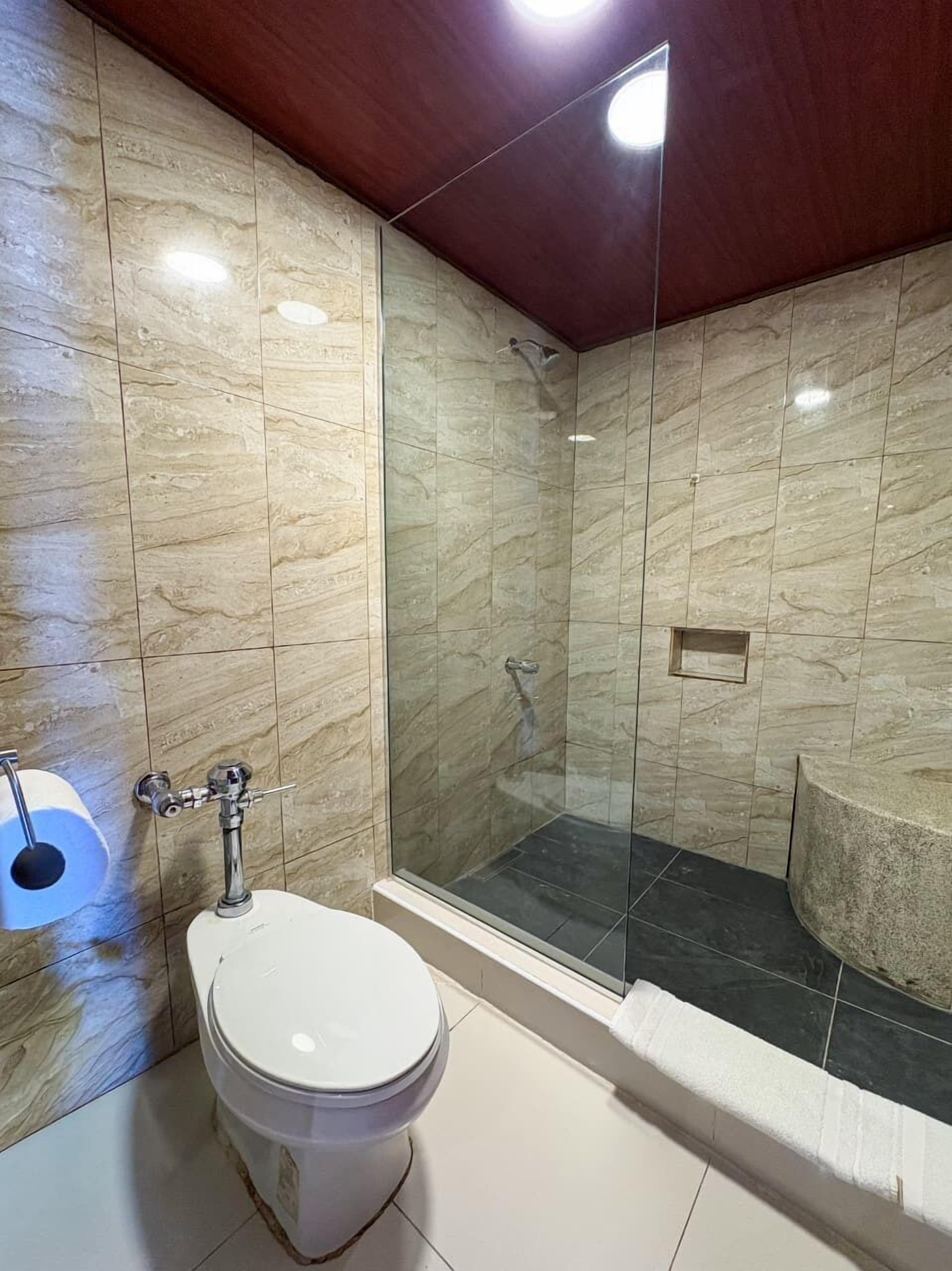 A bathroom with a toilet, a shower with glass doors, and a marble wall.