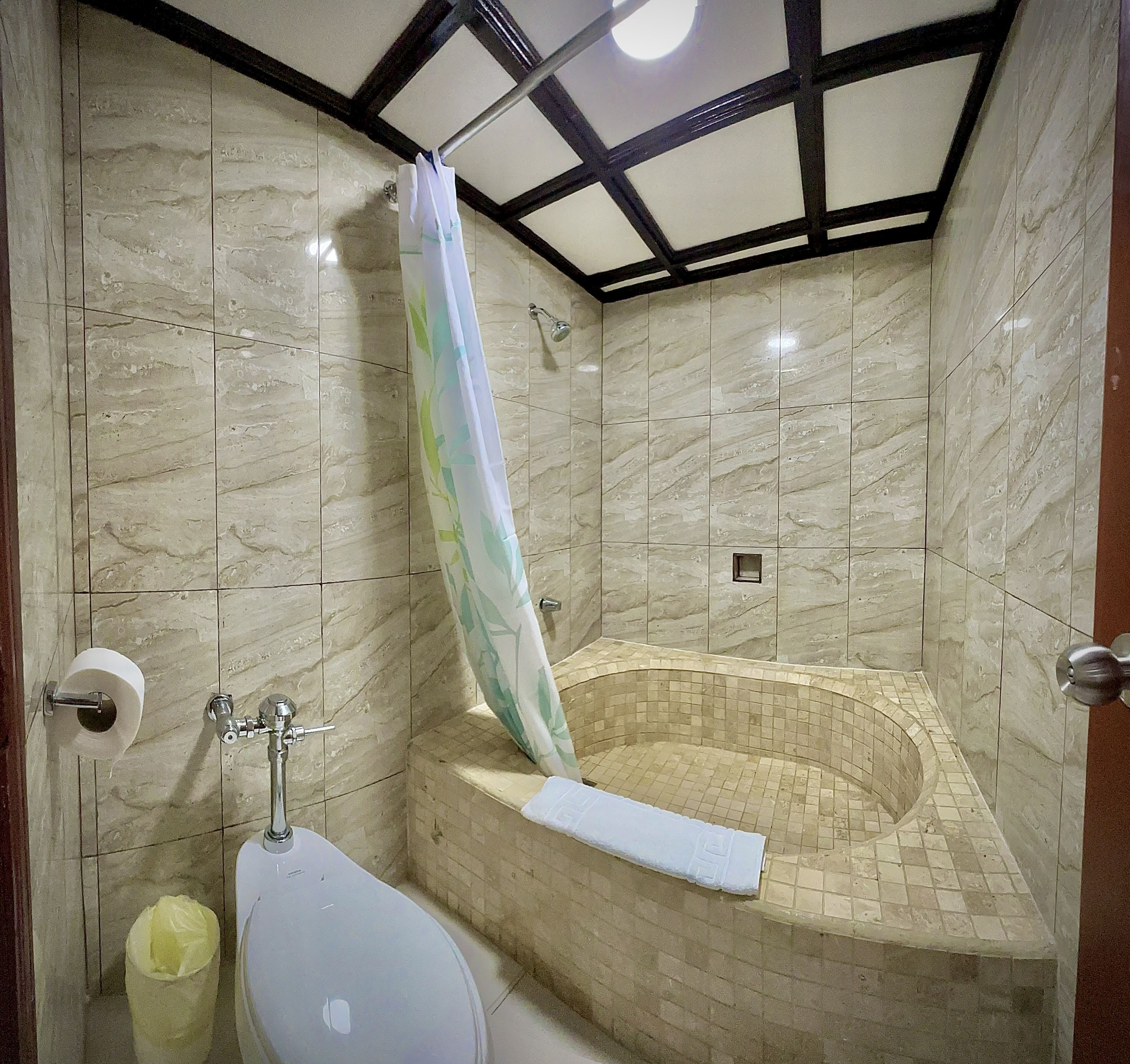 Ein Badezimmer mit Marmorwand, einer Badewanne, einer Toilette und einer Duschvorhang.