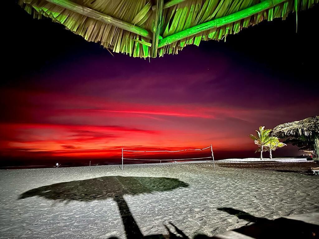 Een strandvolleybalveld met een net, palmbomen en een overkapping met rieten dak.