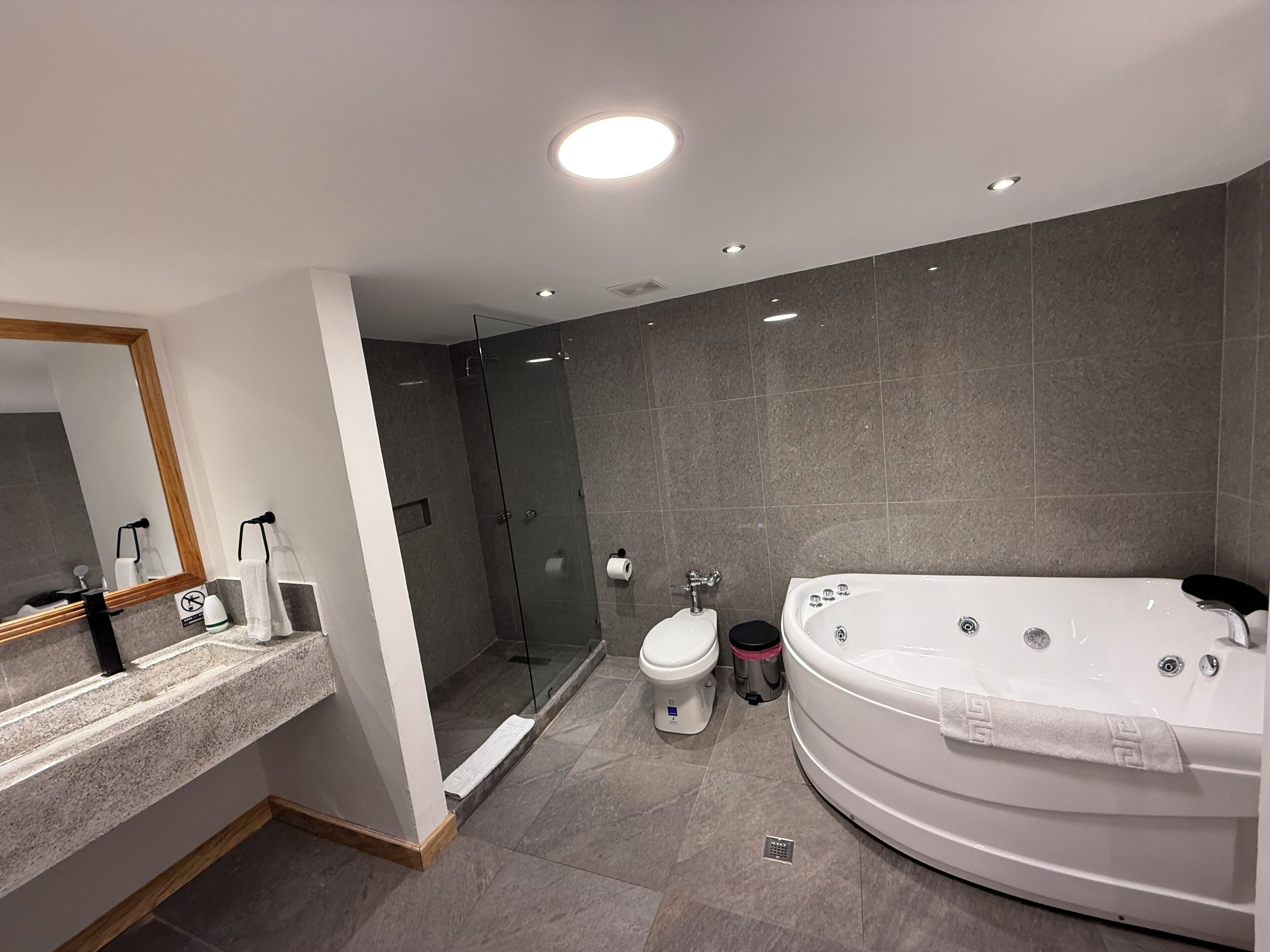 A modern bathroom with a large bathtub, a glass-enclosed shower, a toilet, and a vanity with a mirror and towel rack.