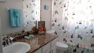 Combined shower/tub, hair dryer, towels, soap