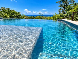 A clear blue pool with a view of the ocean and lush greenery.