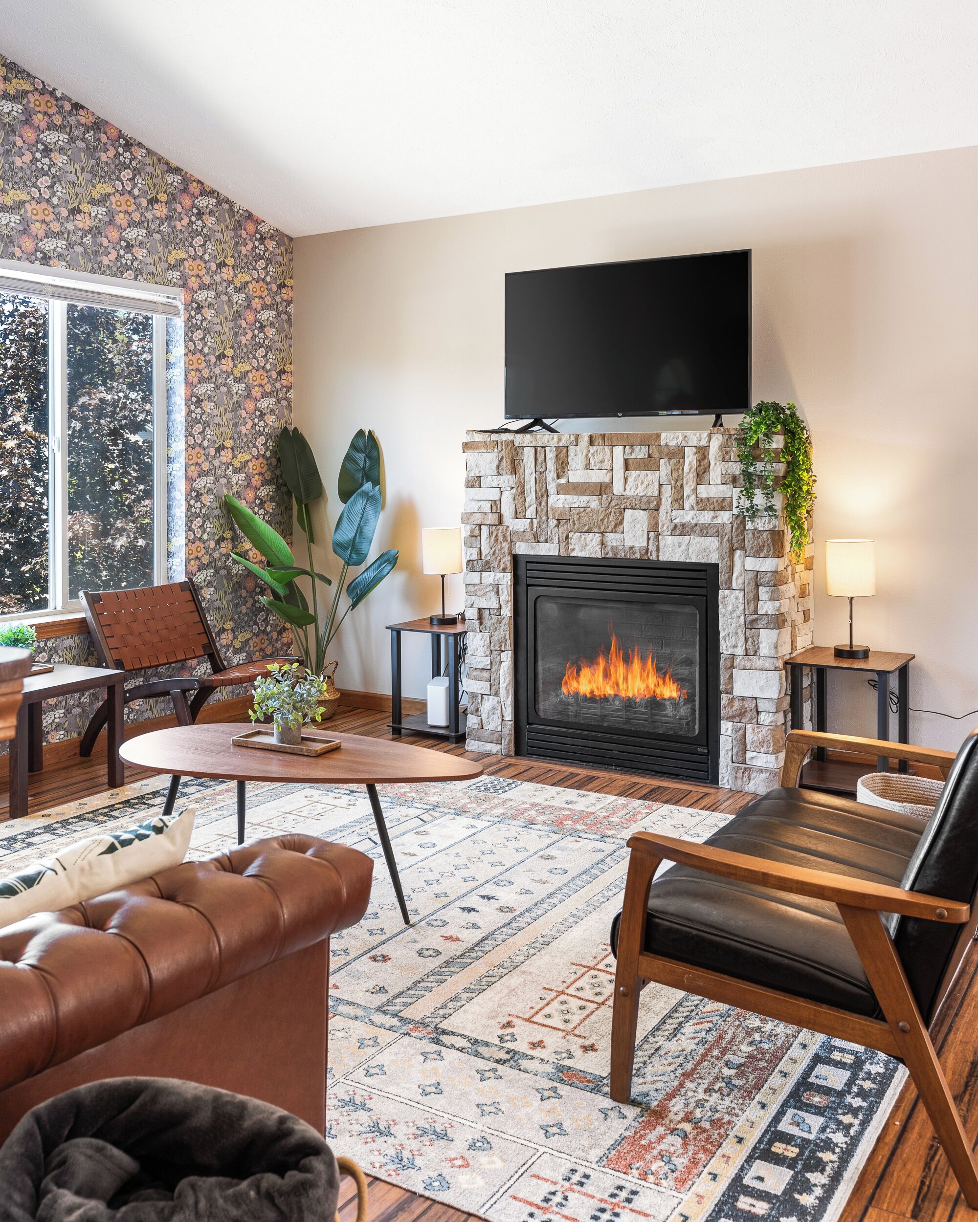 Smart TV, fireplace, foosball, computer monitors