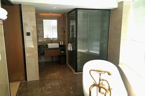 A modern bathroom with a glass shower enclosure, a white bathtub, and a vanity with a sink and mirror.