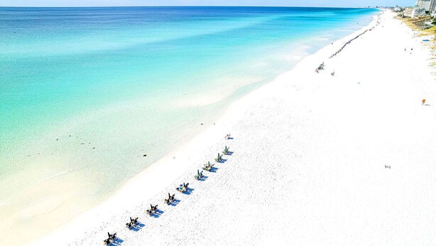 A beach with a row of beach chairs and umbrellas along the shoreline.