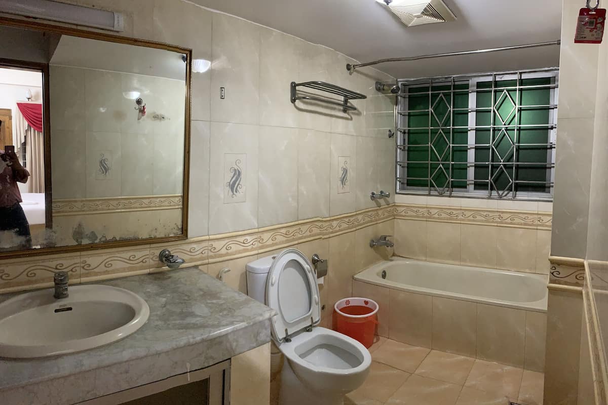 deluxe double room, 1 double bed, non smoking | bathroom | rainfall showerhead, towels