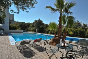 Ein Poolbereich mit Liegestühlen, einem Tisch mit Getränken und einer Palme.