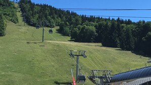 Um sistema de teleférico numa colina verde com árvores ao fundo.