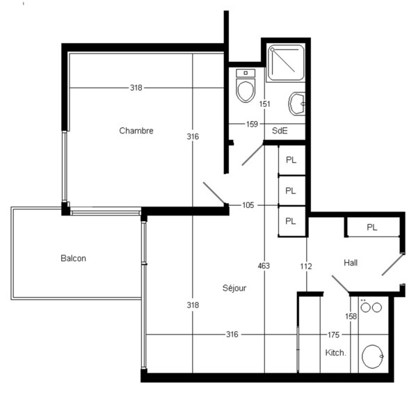 A floor plan with a living room, bedroom, balcony, and kitchen.