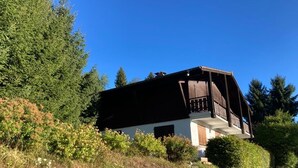 Eine rustikale Holz-Blockhütte mit Balkon, umgeben von dichtem Wald und einem sanften Hügel.