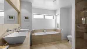 Shower, hair dryer, towels