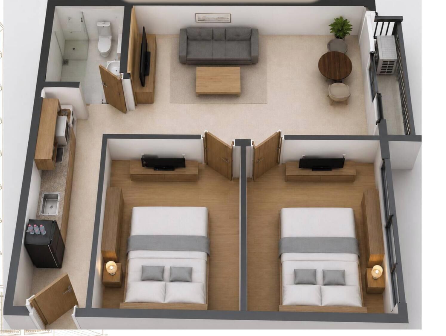 A two-bedroom apartment with a living area, kitchenette, and a balcony.