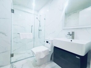 Shower, hair dryer, bidet, towels