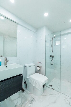 Chuveiro, secador de cabelo, bidê, toalhas de banho