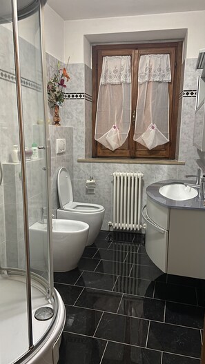 Regadera, secadora de cabello, bidet, toallas 