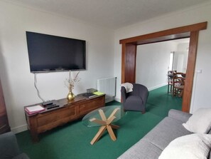 TV, fireplace, books, stereo