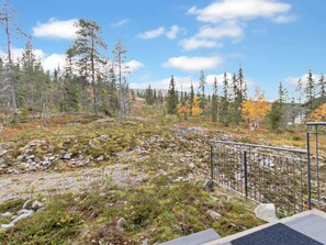 Un paysage naturel agrémenté d’une rambarde en métal et d’une terrasse en bois.