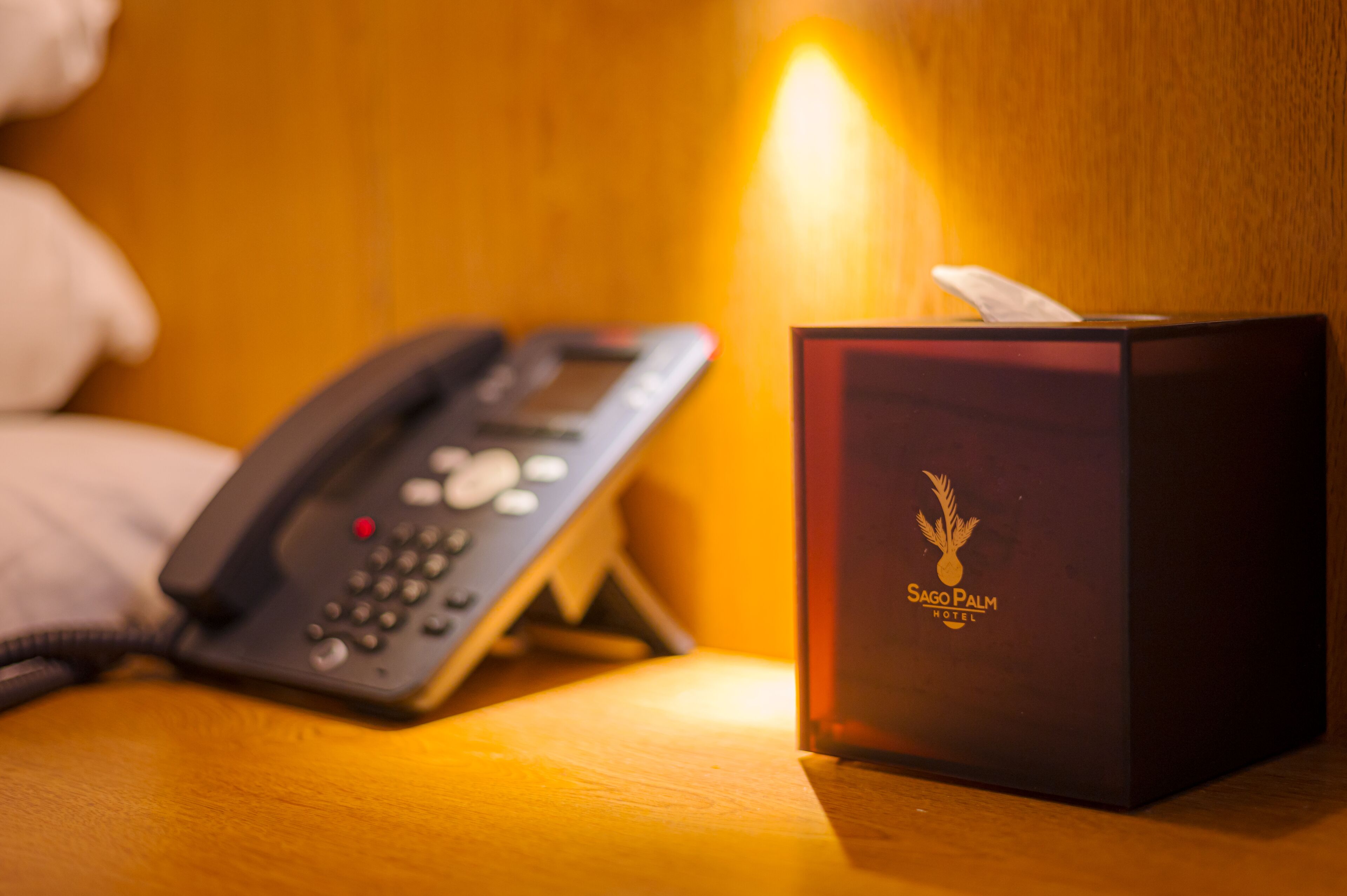 A hotel room with a telephone and a tissue box on a wooden surface.