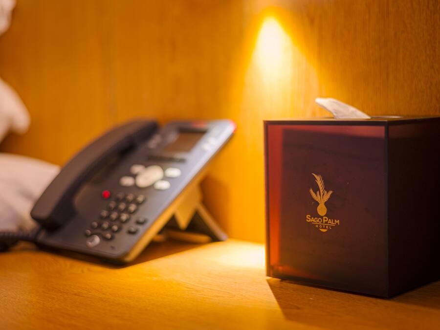 A hotel room with a telephone and a tissue box on a wooden surface.